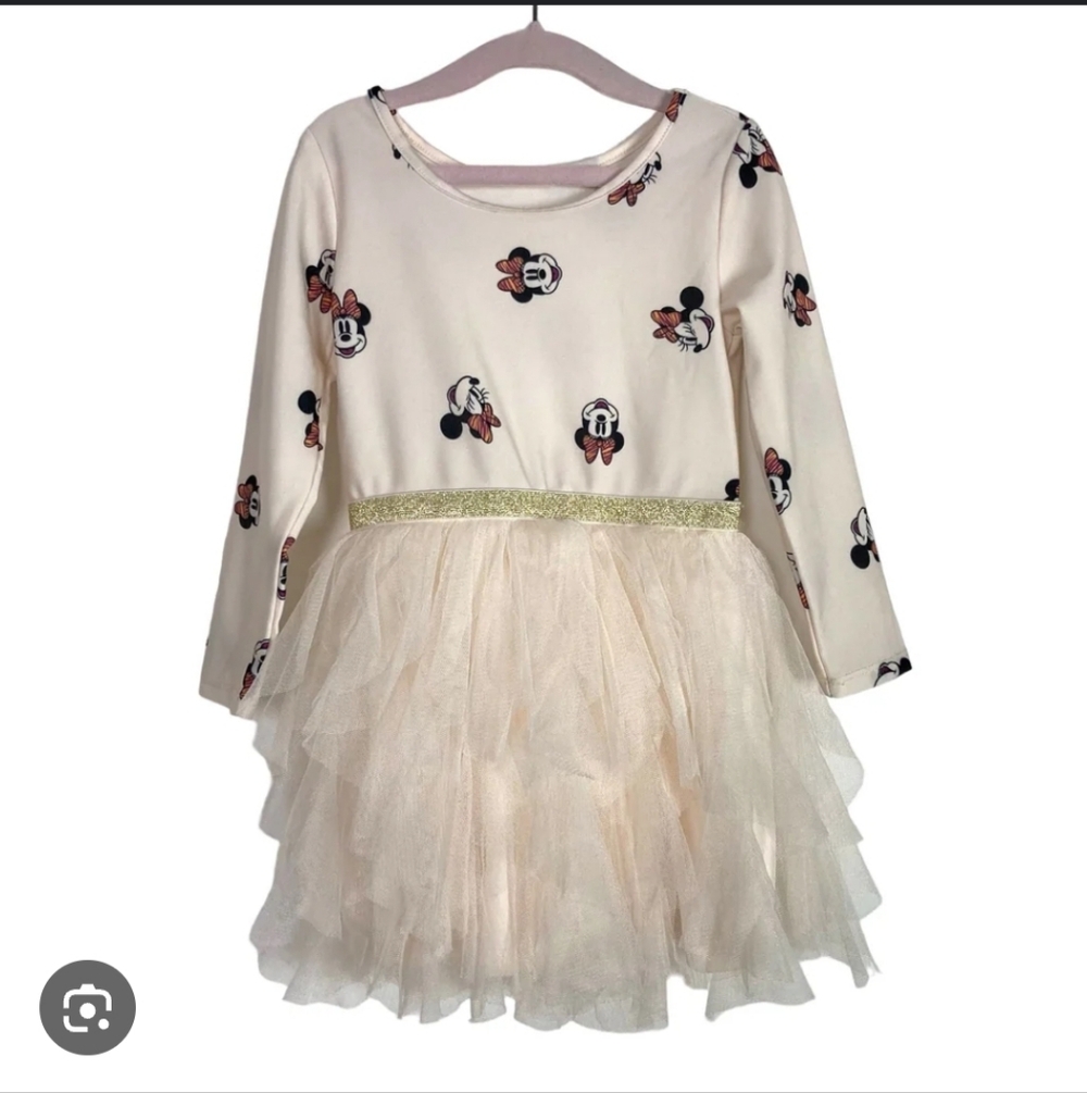 Disney Junior Minnie Mouse Tutu Dress Cream Gold Glitter Leopard Bow 4T